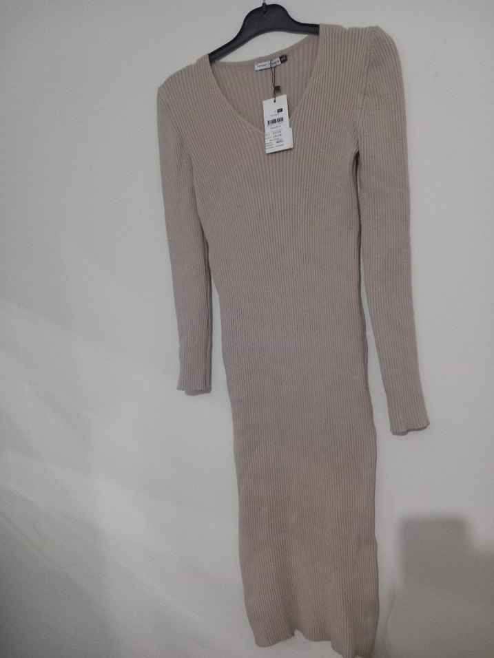 Bej Triko Uzun Kollu Kadın Elbise - Görsel 3