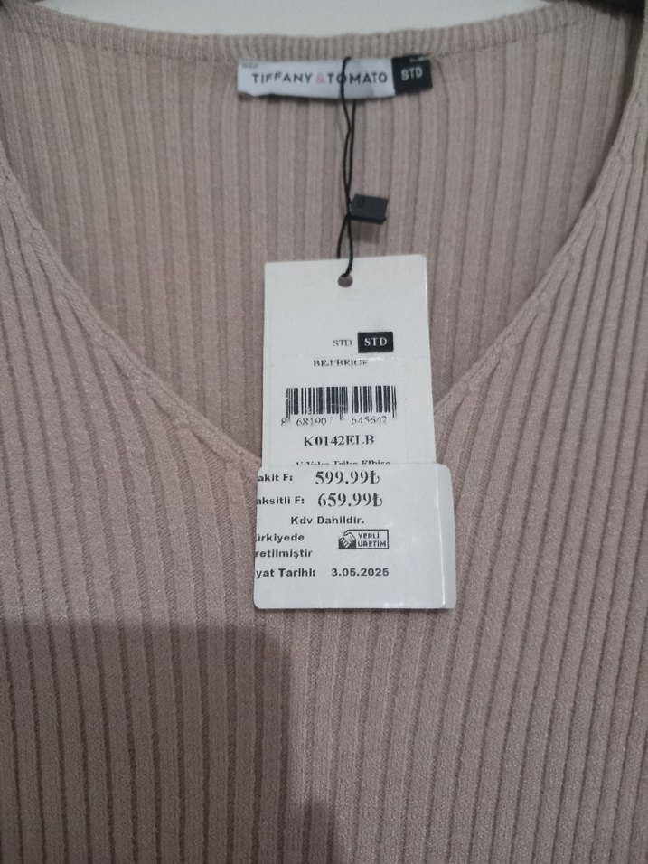 Bej Triko Uzun Kollu Kadın Elbise - Görsel 2