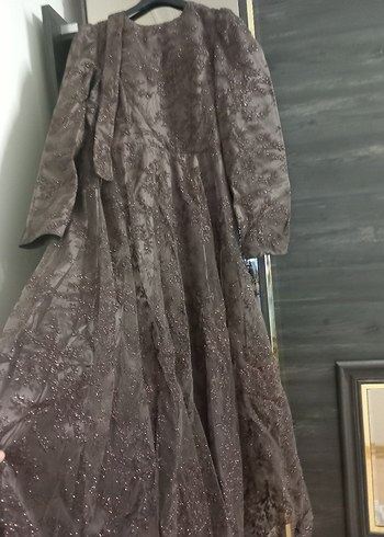 Uzun Kollu Kahverengi Nakışlı Vintage Kadın Elbise - Görsel 4