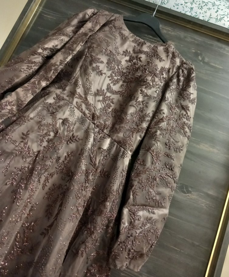 Uzun Kollu Kahverengi Nakışlı Vintage Kadın Elbise - Görsel 2