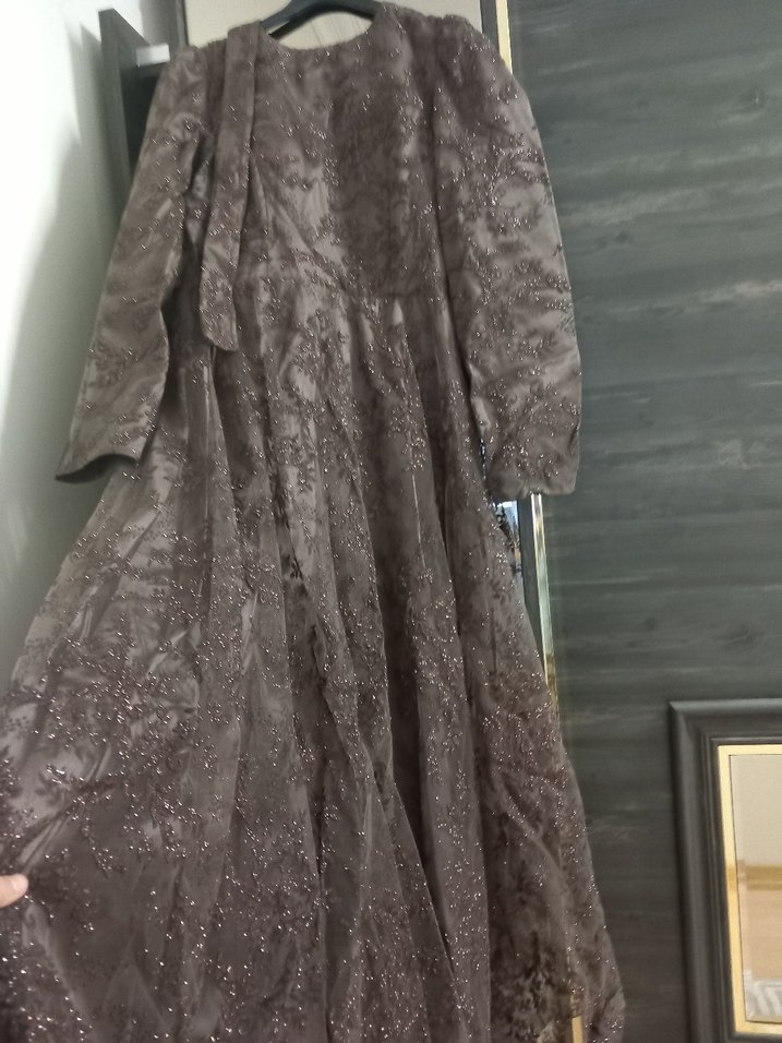 Uzun Kollu Kahverengi Nakışlı Vintage Kadın Elbise - Görsel 4