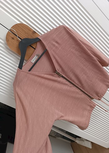 Pembe Keten Mini V Yaka Bluz