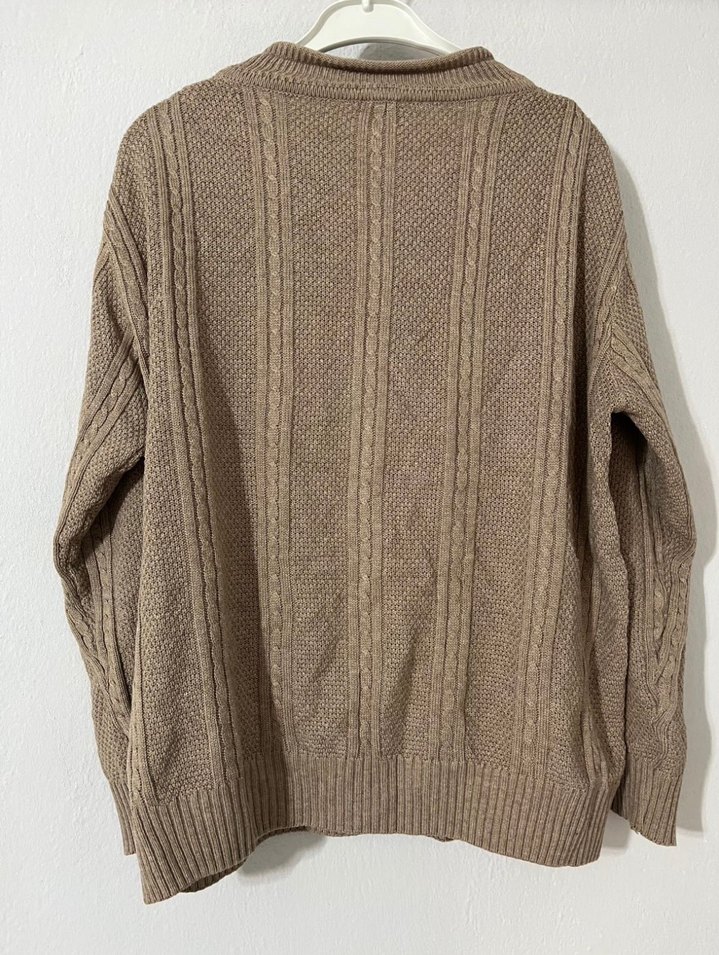 Bej V Yakalı Örgü erkek Kazak - Görsel 2