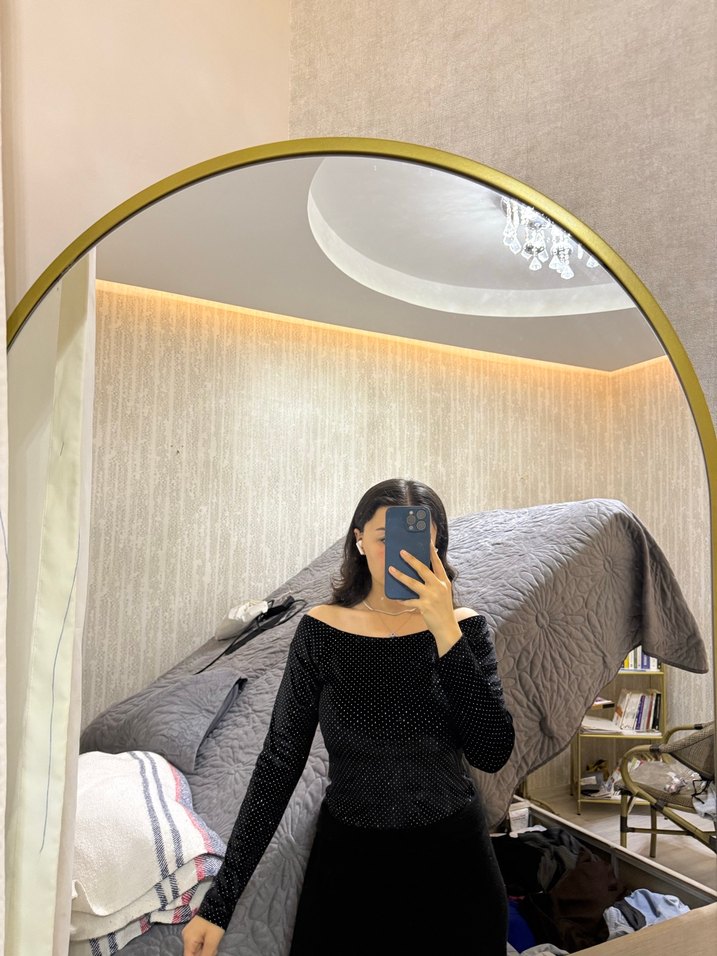 Siyah Uzun Kollu Pul İşlemeli geniş yakalı Bluz - Görsel 5