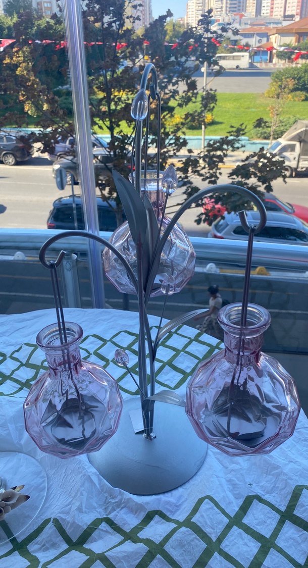 Pembe Cam Mumluk ve Gri Metal Stand - Görsel 3