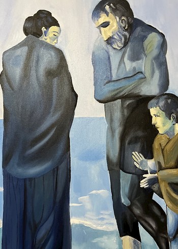 Mavi Tonlarda Aile Temalı Karanlık Tablo - Görsel 2