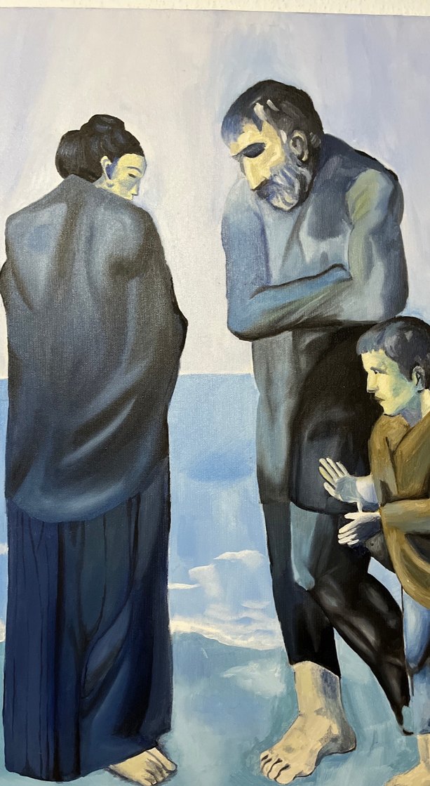 Mavi Tonlarda Aile Temalı Karanlık Tablo - Görsel 2