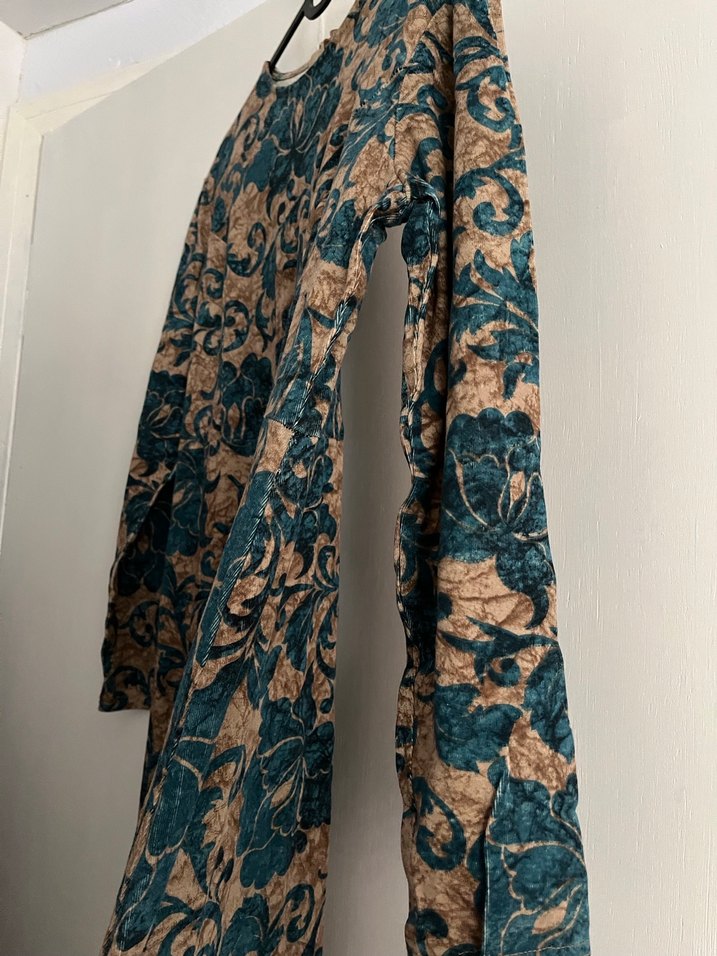 Kahverengi Desenli Vintage Uzun Elbise - Görsel 2