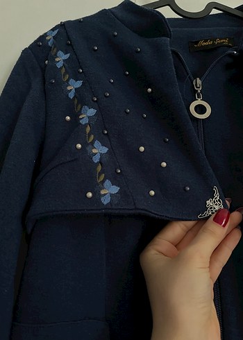 Kadın Lacivert Nakışlı Uzun Oversize Kaban - Görsel 2