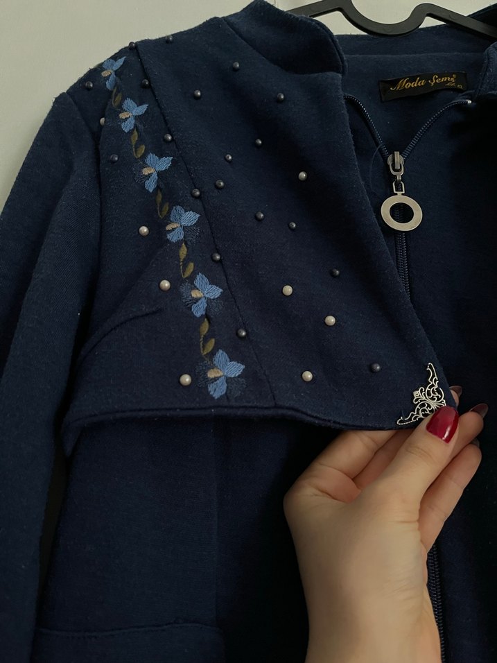 Kadın Lacivert Nakışlı Uzun Oversize Kaban - Görsel 2