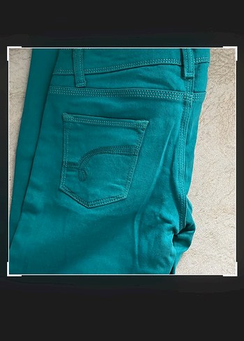 Düğmeli Turkuaz Kadın Denim Pantolon - Görsel 3