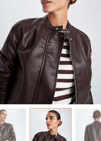 Defacto Kahverengi Su İtici Suni Deri Biker Ceket - Görsel 3