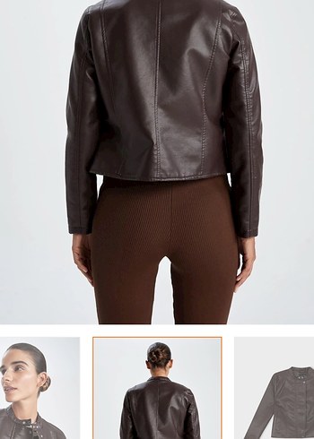 Defacto Kahverengi Su İtici Suni Deri Biker Ceket - Görsel 4