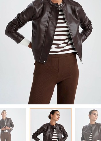 Defacto Kahverengi Su İtici Suni Deri Biker Ceket - Görsel 2