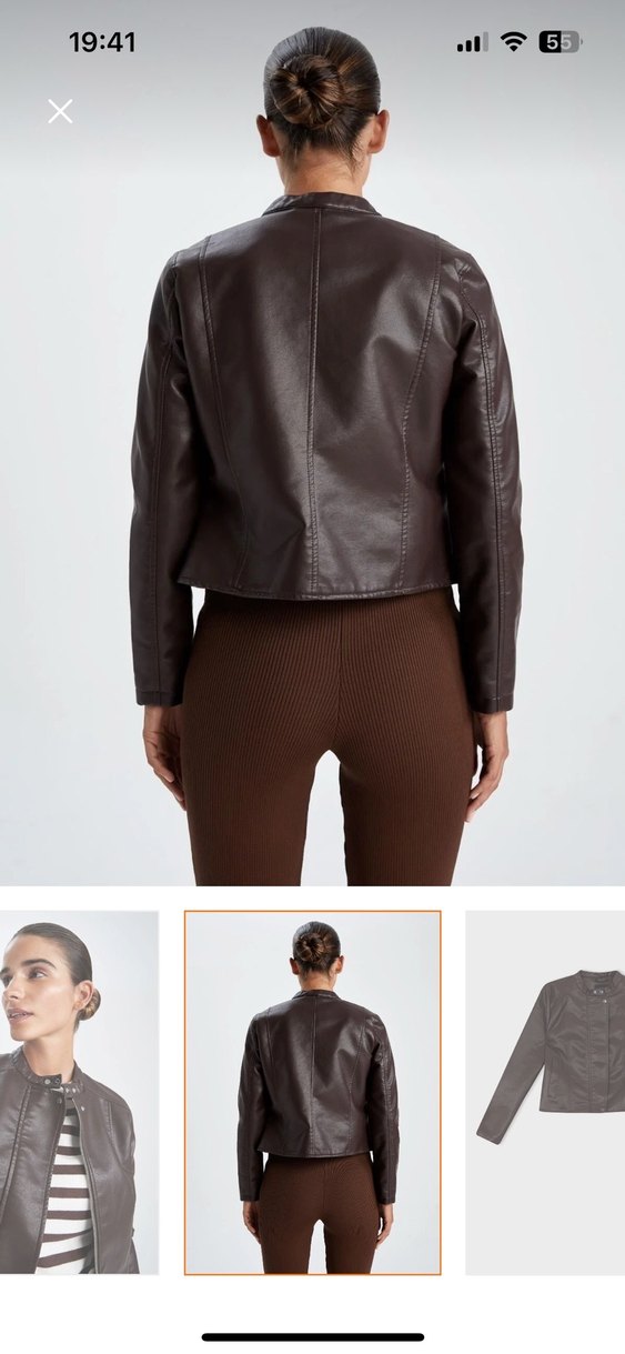 Defacto Kahverengi Su İtici Suni Deri Biker Ceket - Görsel 4