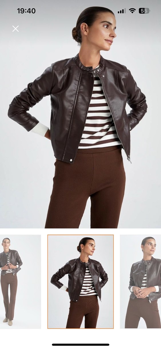 Defacto Kahverengi Su İtici Suni Deri Biker Ceket - Görsel 2