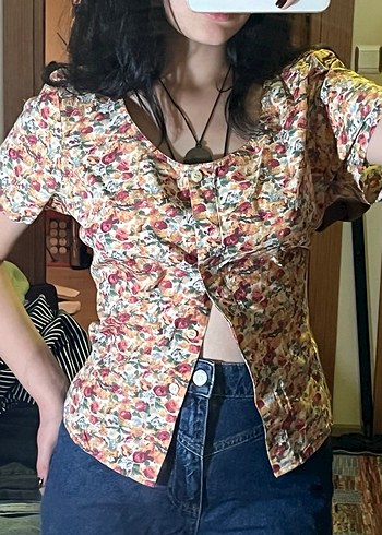 m Beden çeşitli Renk Vintage Çiçek Desenli U Yaka Kısa Kollu Kadın Bluz