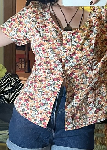 Diğer Vintage Çiçek Desenli U Yaka Kısa Kollu Kadın Bluz