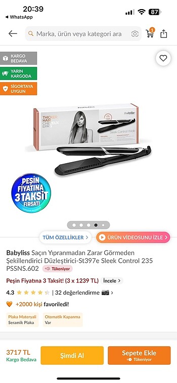 Babyliss düzleştirici Orjinal kutulu ürün