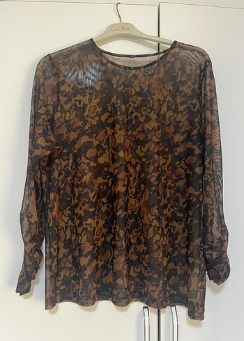 universal Beden Uzun Kollu, Salaş Kesim, Kahverengi Batik Bluz