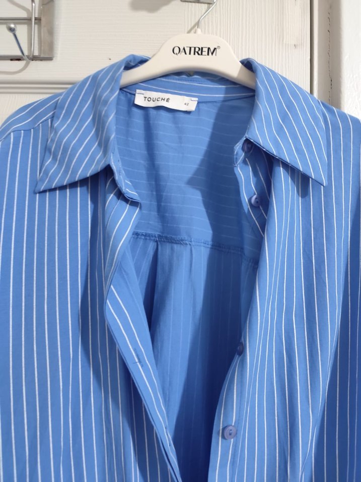 Mavi Çizgili Uzun Kollu Kadın Gömlek - Görsel 2