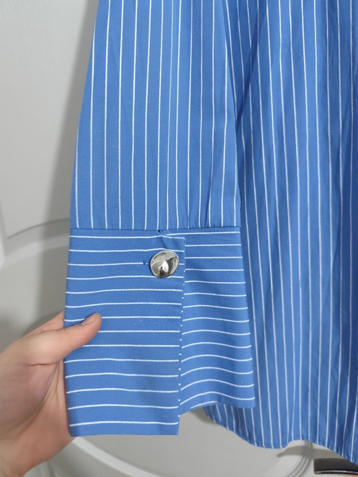 Mavi Çizgili Uzun Kollu Kadın Gömlek - Görsel 3