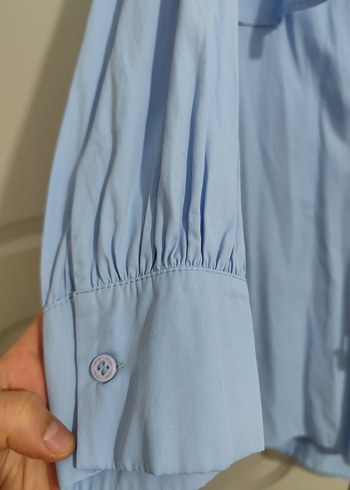 Mavi Keten Düğmeli Uzun Kollu Gömlek - Görsel 3