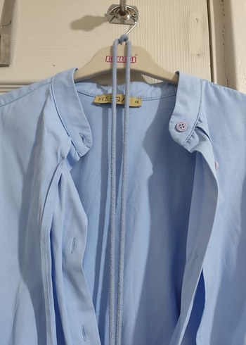 Mavi Keten Düğmeli Uzun Kollu Gömlek - Görsel 2