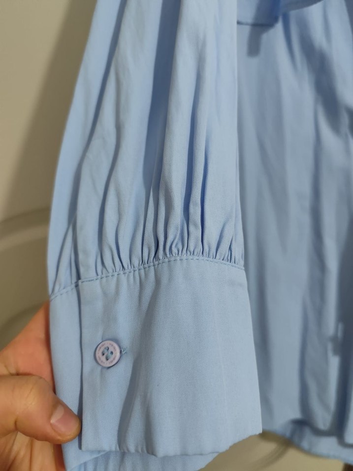 Mavi Keten Düğmeli Uzun Kollu Gömlek - Görsel 3