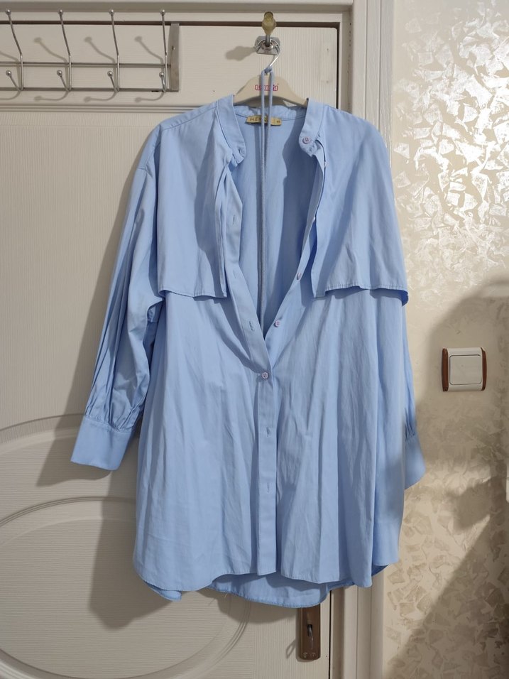 Mavi Keten Düğmeli Uzun Kollu Gömlek - Görsel 4