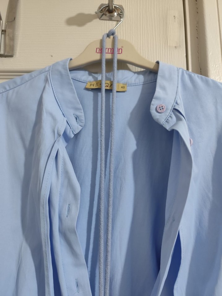 Mavi Keten Düğmeli Uzun Kollu Gömlek - Görsel 2