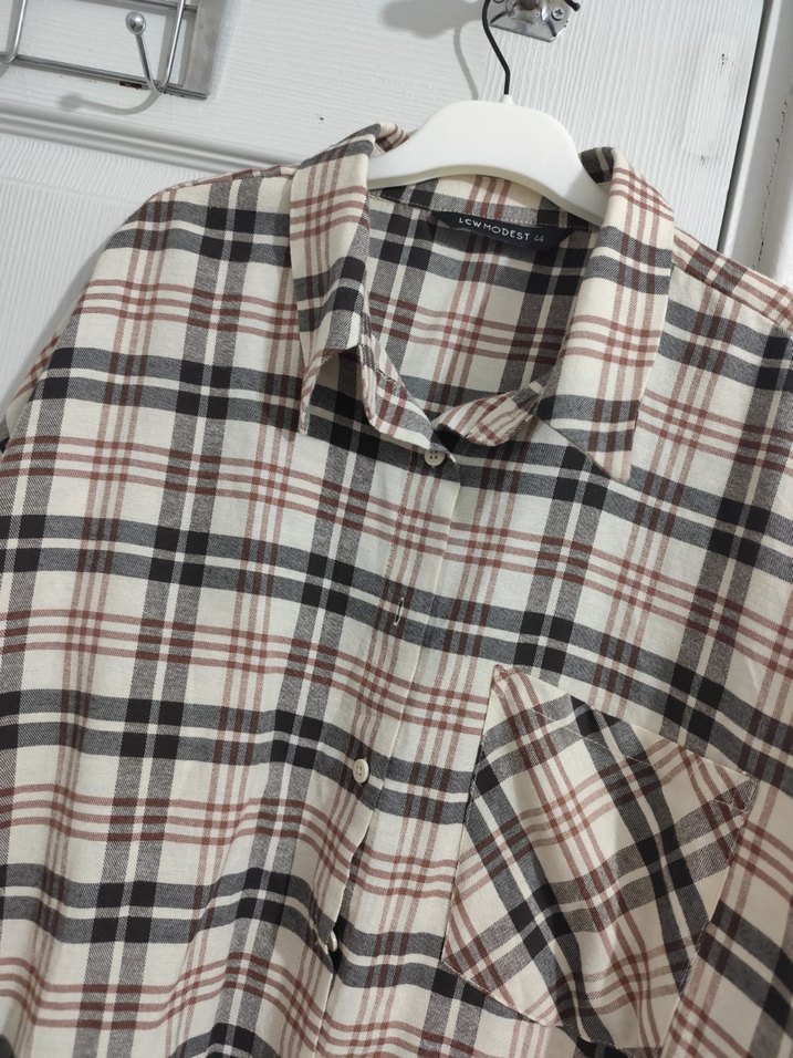 Bej Gri Kareli Pamuklu Salaş Gömlek - Görsel 2