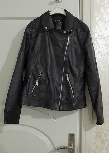 Kemerli Siyah Deri Kadın Biker Ceket - Görsel 3