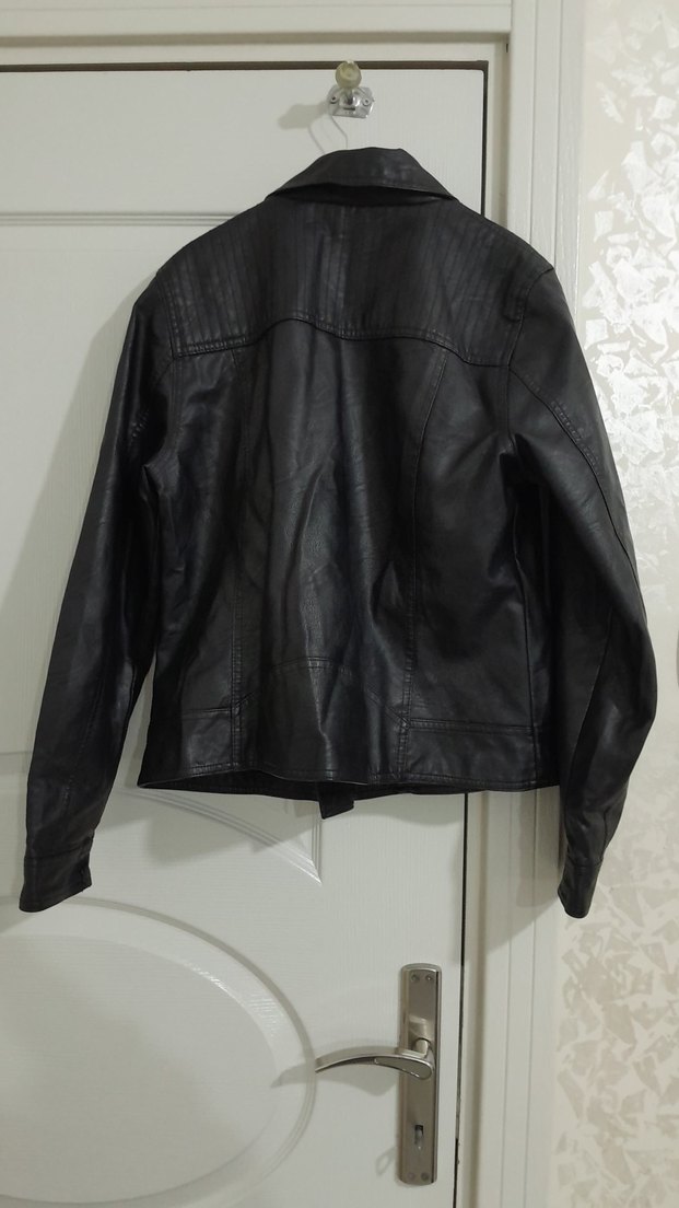 Kemerli Siyah Deri Kadın Biker Ceket - Görsel 2