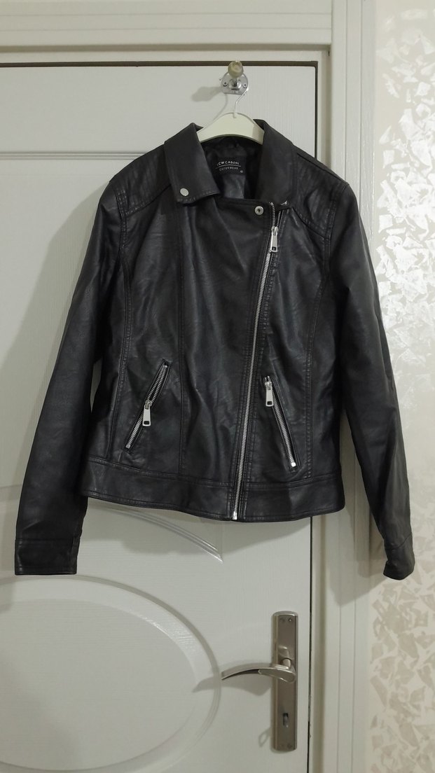 Kemerli Siyah Deri Kadın Biker Ceket - Görsel 3