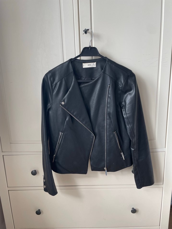 Siyah Deri Biker Ceket Fermuarlı - Görsel 2