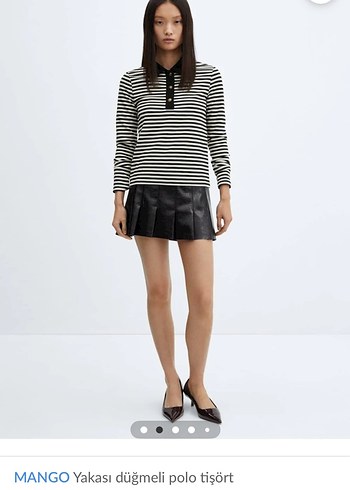MANGO Siyah Çizgili Polo Yaka Uzun Kollu Tişört - Görsel 2