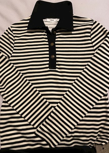 MANGO Siyah Çizgili Polo Yaka Uzun Kollu Tişört - Görsel 7