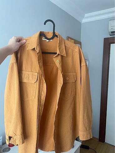 Hardal kalın kumaş oversize gömlek vintage yazılı