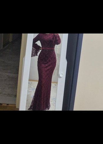 Bordo Dantel Detaylı Uzun Abiye Elbise