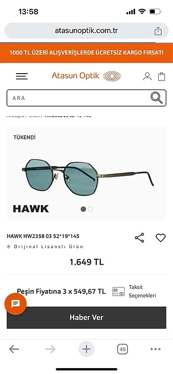 Diğer Orjinal Gözlük Hawk