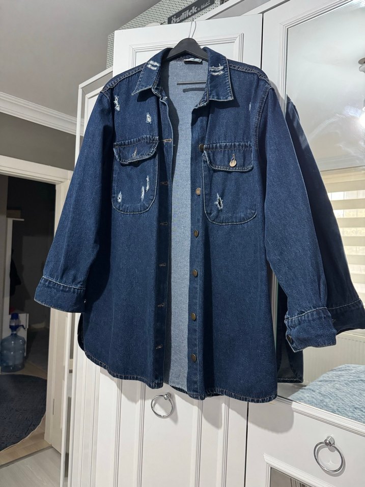 Düğmeli Kadın Mavi Denim Ceket - Görsel 3
