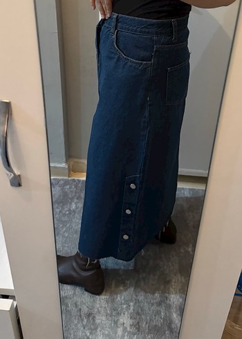 Düğmeli Lacivert Midi Kot Etek - Görsel 2