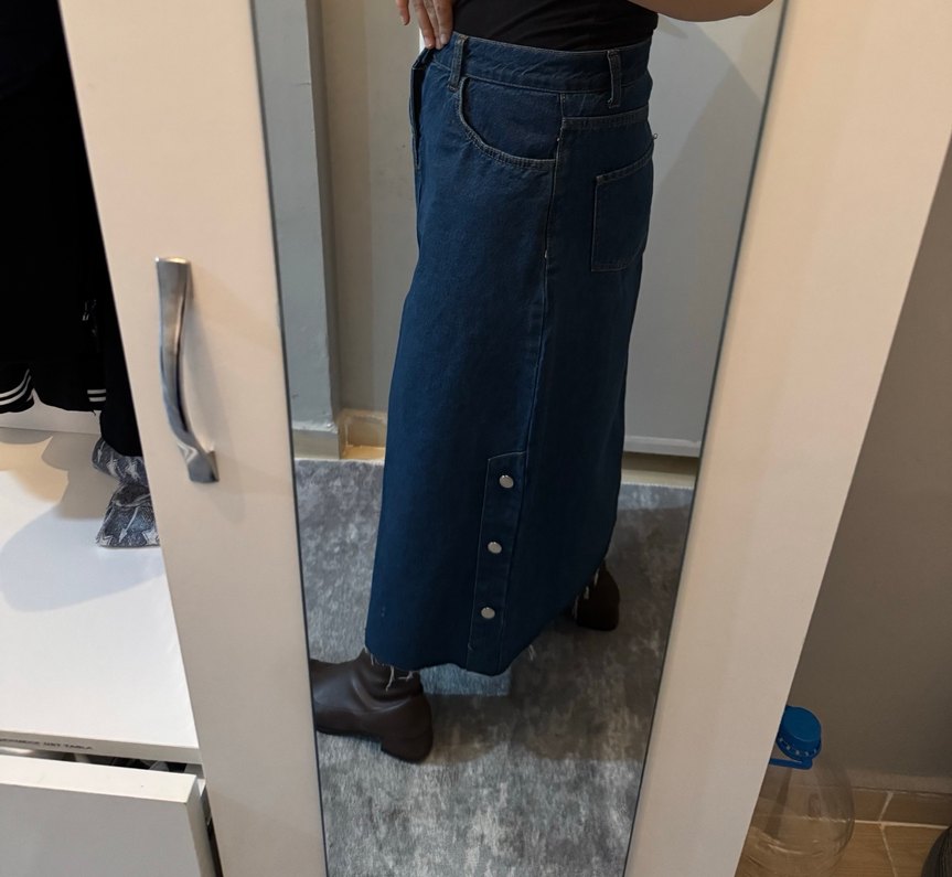 Düğmeli Lacivert Midi Kot Etek - Görsel 2