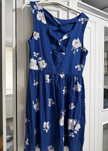 Koyu Mavi Çiçekli Pamuklu Midi Elbise - Görsel 2