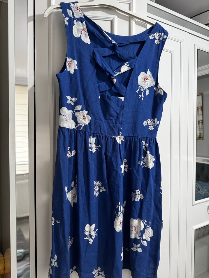Koyu Mavi Çiçekli Pamuklu Midi Elbise - Görsel 2