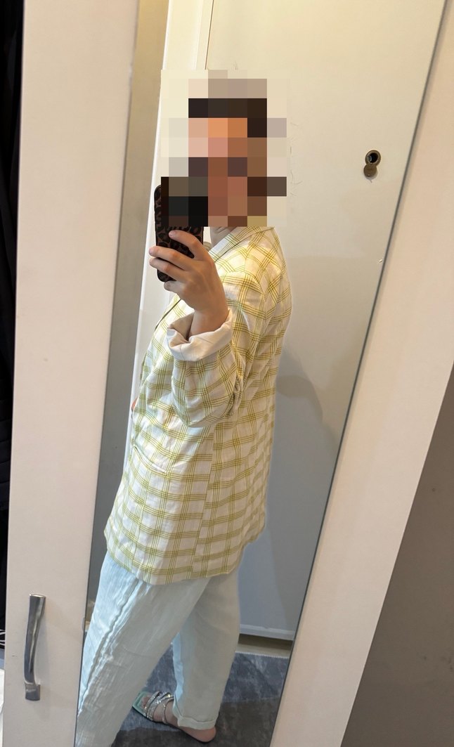 Sarı Ekose Midi Kadın Blazer Ceket - Görsel 4