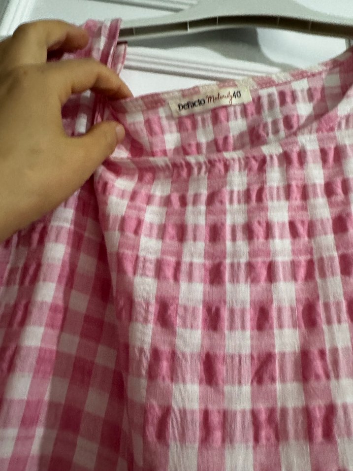 Pembe Kareli Keten Uzun Elbise - Görsel 2