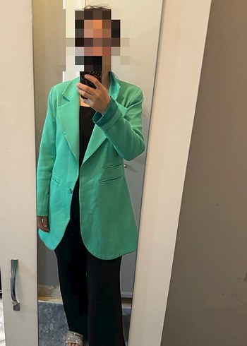 Kadın Yeşil Düğmeli Midi Blazer Ceket - Görsel 2