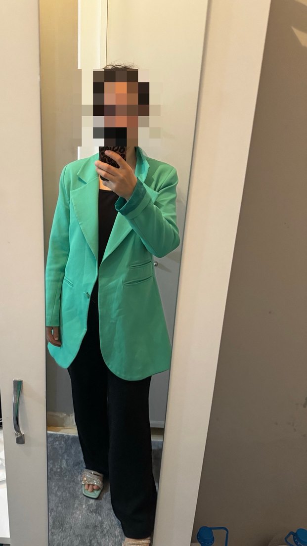 Kadın Yeşil Düğmeli Midi Blazer Ceket - Görsel 2